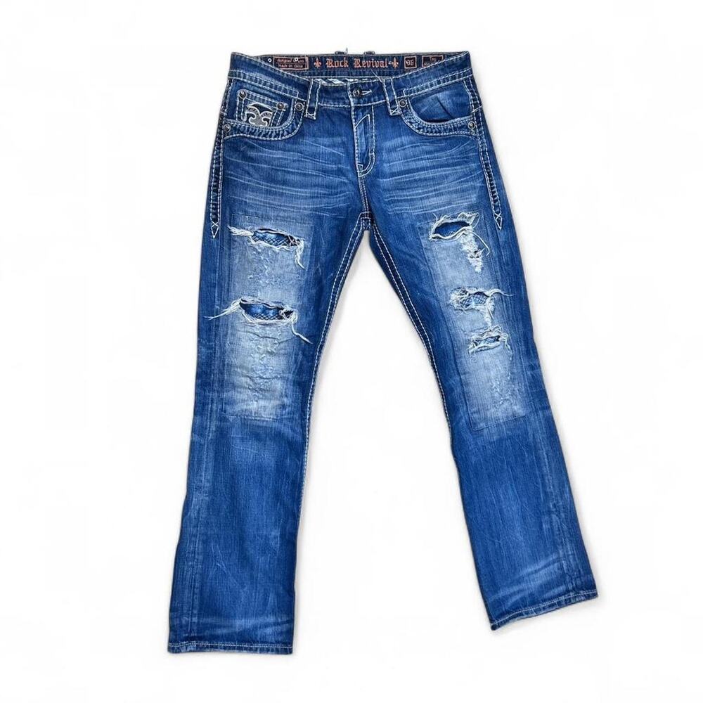 Rock Revival Tay Slim Straight Jeans Contrast Stitch Grunge Alternative 37”